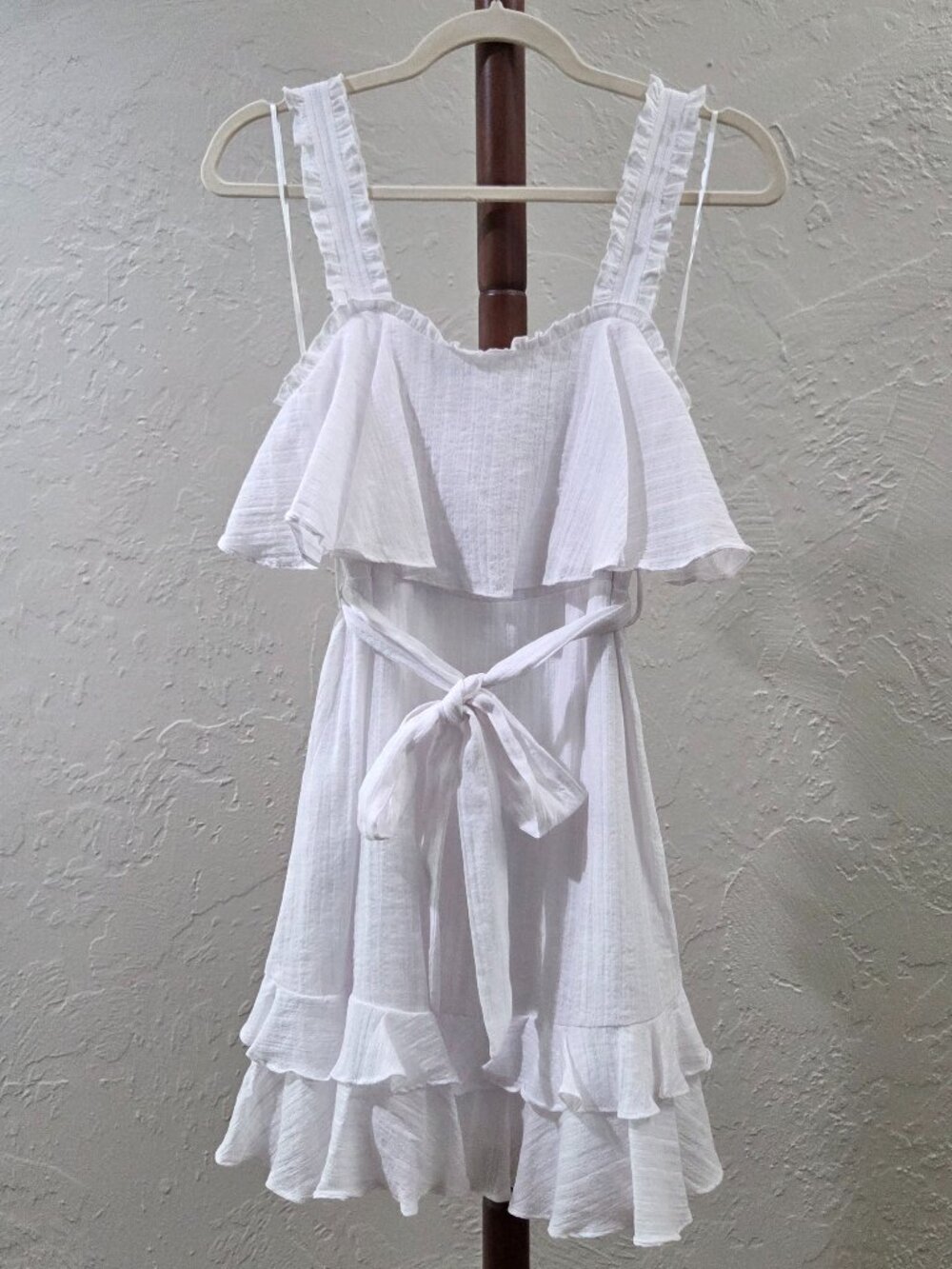 Women's White Summer Ruffle‎ Tiered Dress With Waist Tie